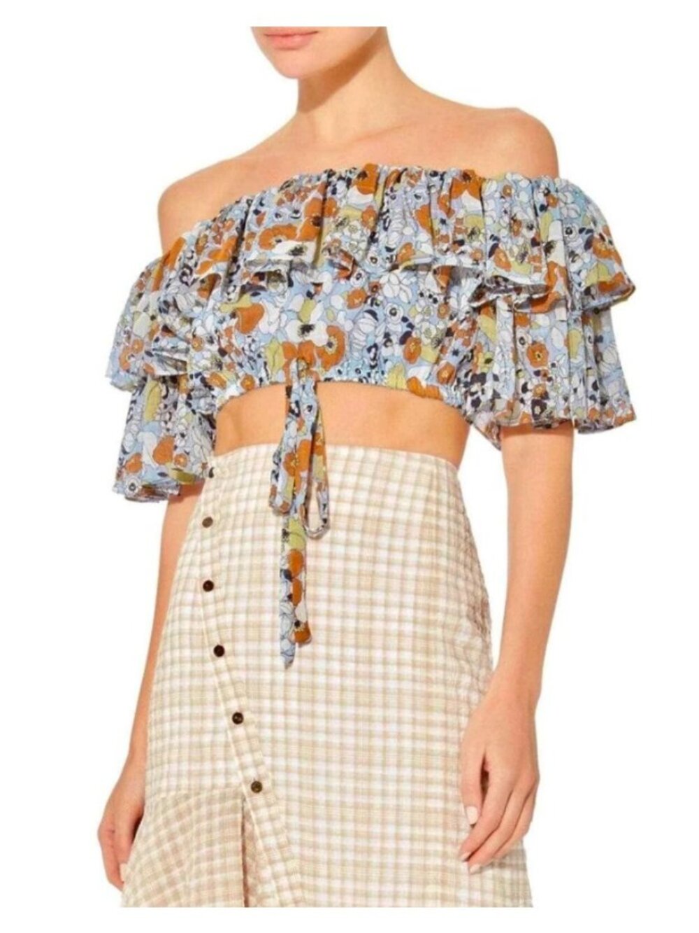 Alexis Blue Adona Floral Chiffon Ruffle Off-Shoulder Crop Top, Size M